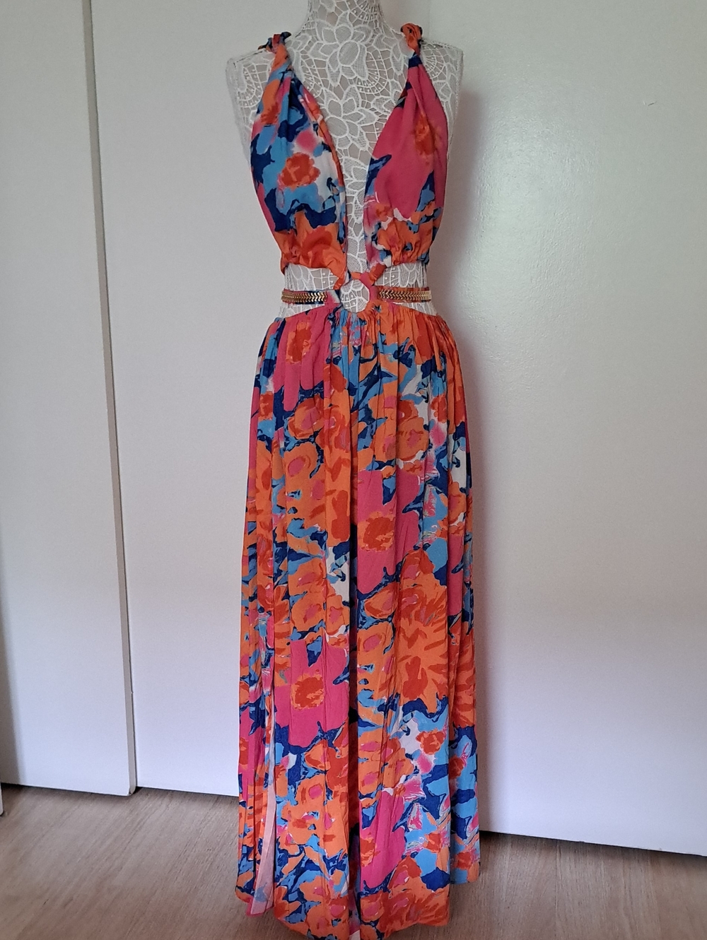Luxxel Pink & Orange Floral Halter Maxi Dress - Picture 3 of 12